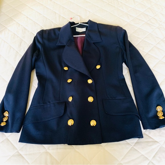 Navy blue pure virgin wool long blazer double breasted collar gold metal buttons - Picture 3 of 15